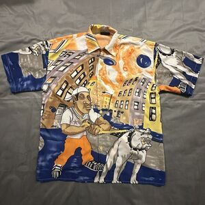 Vintage Casanoua Shirt Mens XL Urban Bulldog Hip Hop Cartoon AOP Button Collar